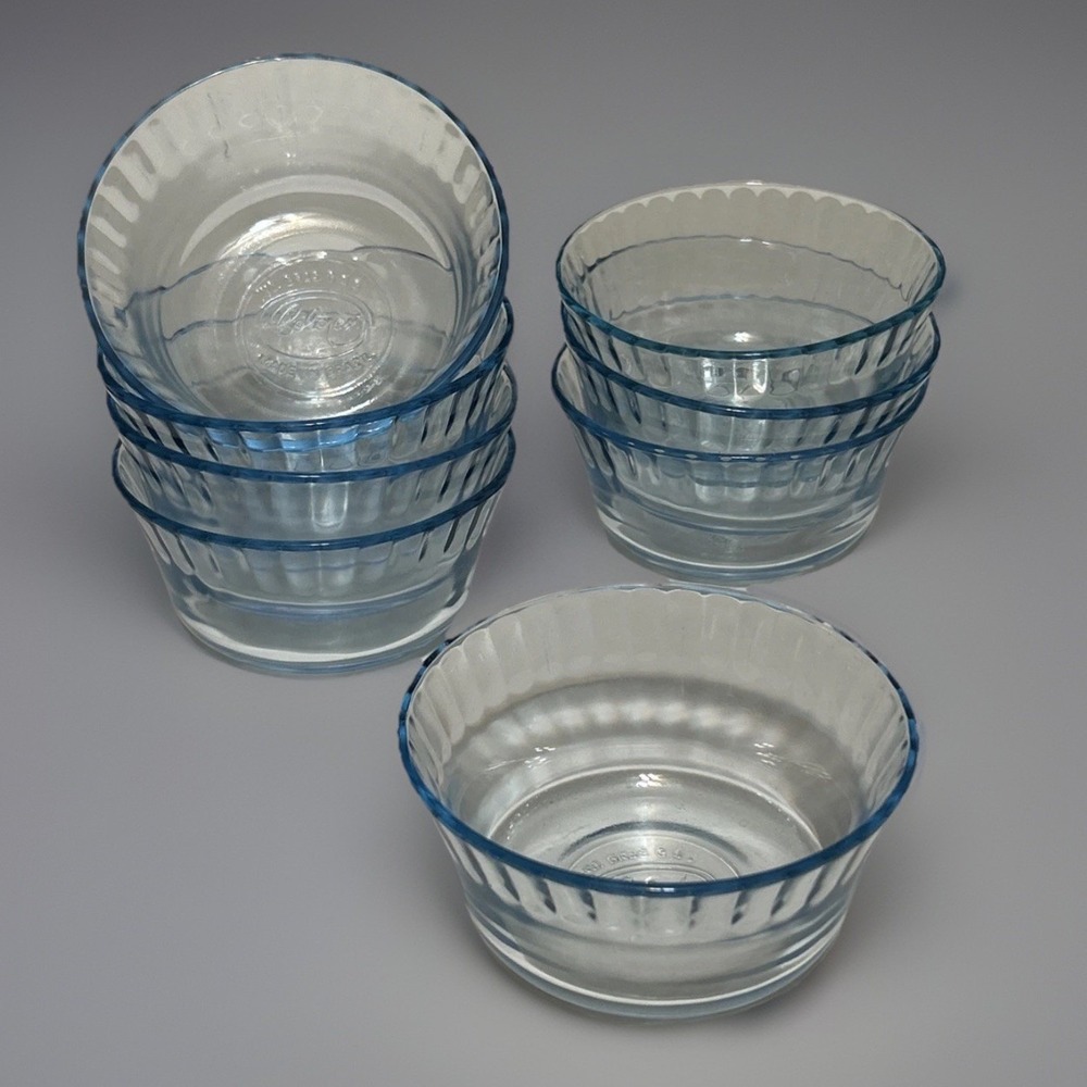 Colorex Brazil Light Blue Ribbed Glass Bowls Fluted Scalloped Rim Dessert EIGHT